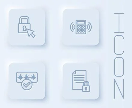 Set line Lock, Security keypad access panel, Password protection and Document Illustrazione stock