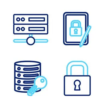 Set line Lock, Server security with key, Tablet closed padlock and Server, .. Illustrazione stock