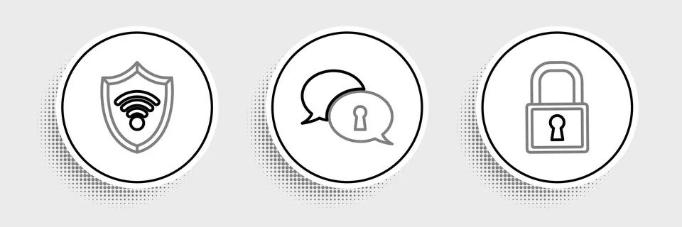 Set line Lock, Shield with WiFi wireless internet network and Protection of Stock Illustration