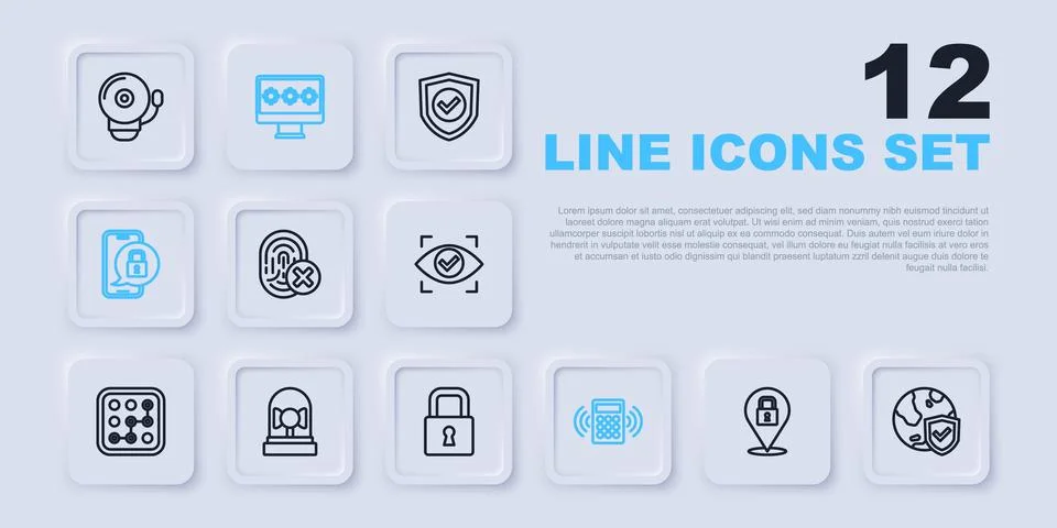 Set line Lock, Shield with world globe, Cancelled fingerprint, Security key.. Stock Illustration