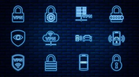 Set line Lock, Smart car alarm system, Server VPN, Network cloud connection 스톡 일러스트