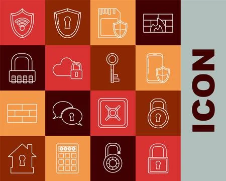 Set line Lock, Smartphone with security shield, SD card and, Cloud computin.. Illustrazione stock