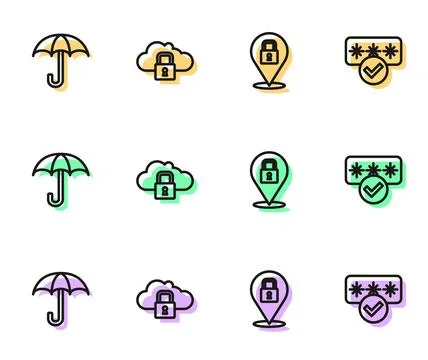 Set line Lock, Umbrella, Cloud computing lock and Password protection icon Stock Illustration