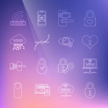 Set line Lock, VPN Computer network, Heart with keyhole, Digital door lock Stock Illustration
