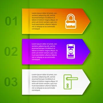 Set line Lock VPN, Mobile and eye scan, Door handle and Bezier curve. Business Illustration