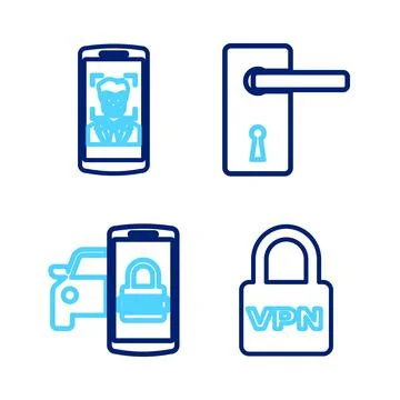 Set line Lock VPN, Smart car security system, Door handle and Mobile face Illustration
