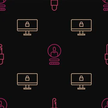 Set line Locked key, on computer monitor and Create account screen on seamless Stock Illustration