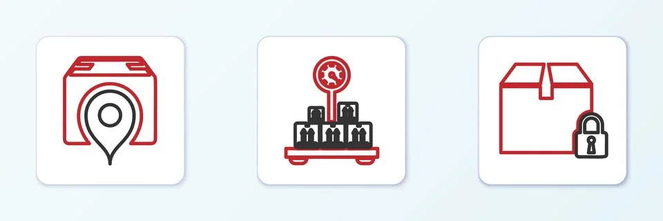 Set line Locked package, Location with cardboard box and Scale icon. Vector Stockillustratie