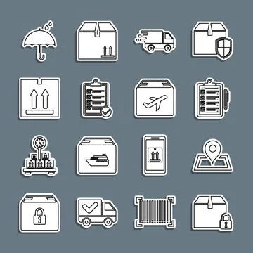 Set line Locked package, Placeholder on map, Verification of delivery list Stock Illustration