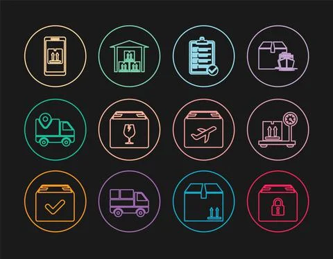 Set line Locked package, Scale with cardboard box, Verification of delivery list Illustrazione stock