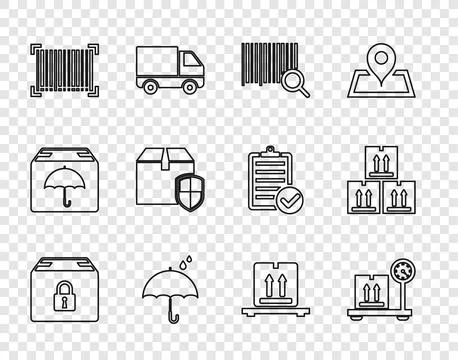 Set line Locked package, Scale with cardboard box, Search barcode, Umbrella.. 库存插图