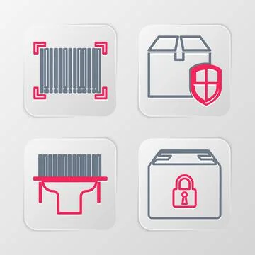 Set line Locked package, Scanner scanning bar code, Delivery box security shield Stock Illustration