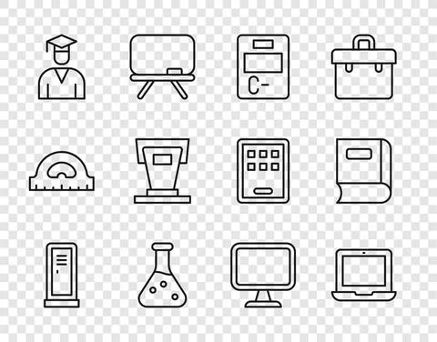 Set line Locker or changing room, Laptop, Exam paper with incorrect answers 스톡 일러스트