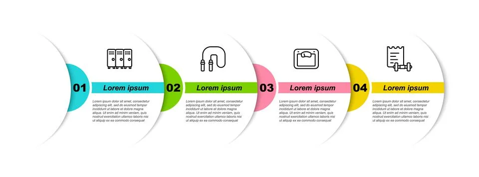 Set line Locker or changing room, Jump rope, Bathroom scales and Sport training Stock Illustration