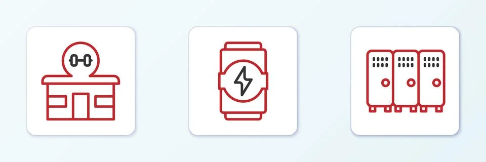 Set line Locker or changing room, Gym building and Energy drink icon. Vector Illustrazione stock