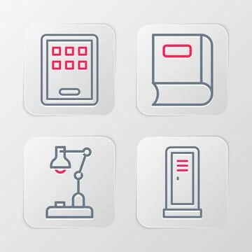 Set line Locker or changing room, Table lamp, Book and Graphic tablet icon... Stock Illustration