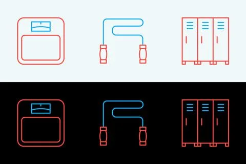 Set line Locker or changing room, Bathroom scales and Jump rope icon. Vector Stock Illustration