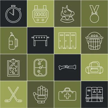 Set line Locker or changing room, Sport bag, Hockey helmet, Skates, table, .. Stock Illustration