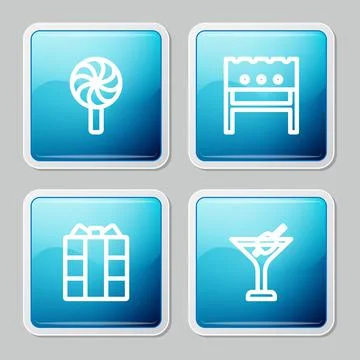 Set line Lollipop, BBQ brazier, Gift box and Martini glass icon. Vector Stock Illustration