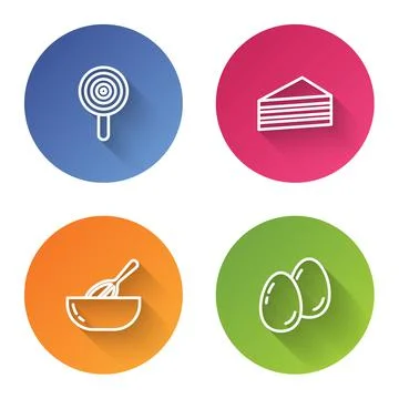 Set line Lollipop, Cake, Kitchen whisk and bowl and Easter eggs. Color circle Stock Illustration