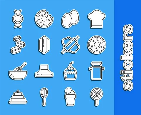 Set line Lollipop, Can container for milk, Donut, Easter eggs, Hotdog sandwich Illustrazione stock