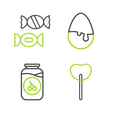 Set line Lollipop, Cherry jam jar, Chocolate egg and Candy icon. Vector Stock Illustration