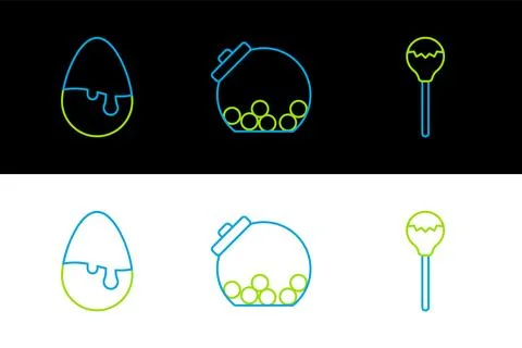 Set line Lollipop, Chocolate egg and Glass jar with candies inside icon. Vector Stock Illustration