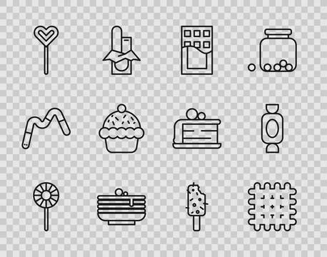 Set line Lollipop, Cracker biscuit, Chocolate bar, Stack of pancakes, Cupcake イラスト素材