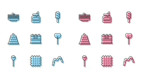 Set line Lollipop Cracker biscuit Stack of pancakes Jelly worms candy Cake an イラスト素材