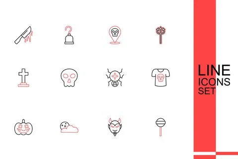 Set line Lollipop, Devil head, Moon and stars, Pumpkin, Shirt with skull, S.. Stock Illustration