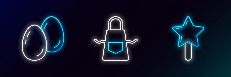 Set line Lollipop, Easter eggs and Kitchen apron icon. Glowing neon. Vector Stock Illustration