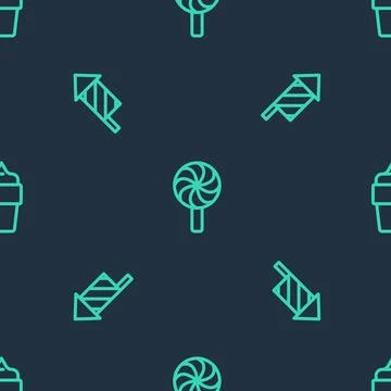 Set line Lollipop, Firework rocket and Ice cream in waffle cone on seamless Stock Illustration