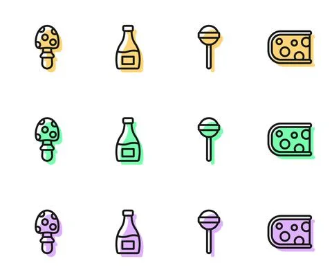 Set line Lollipop, Fly agaric mushroom, Sauce bottle and Cheese icon. Vector イラスト素材