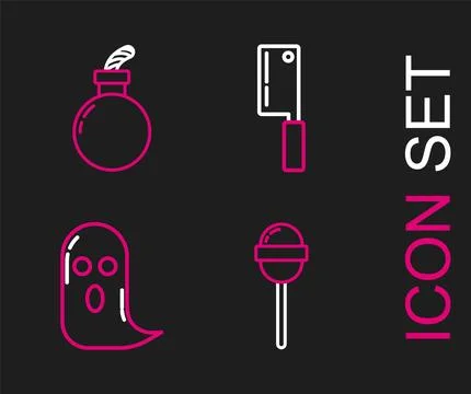 Set line Lollipop, Ghost, Meat chopper and Bomb ready to explode icon. Vector Stock Illustration