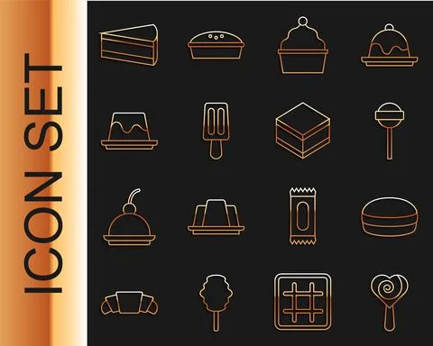 Set line Lollipop, Macaron cookie, Cake, Ice cream, Pudding custard, Piece of Stock Illustration