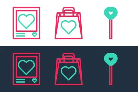 Set line Lollipop, Photo frames and hearts and Shopping bag with icon. Vector Illustrazione stock