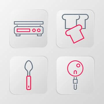 Set line Lollipop, Spoon, Bread toast and Electronic scales icon. Vector 스톡 일러스트