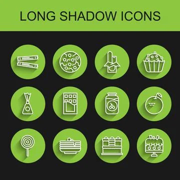 Set line Lollipop, Stack of pancakes, Sugar stick packets, Cake, on plate Illustrazione stock