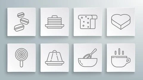 Set line Lollipop, Stack of pancakes, Pudding custard, Kitchen whisk and bowl Illustrazione stock