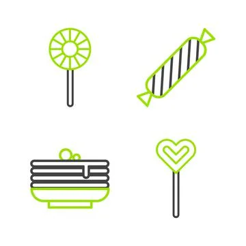 Set line Lollipop, Stack of pancakes, Candy and  icon. Vector Illustrazione stock