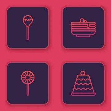 Set line Lollipop, , Stack of pancakes and Cake. Blue square button. Vector Stock Illustration