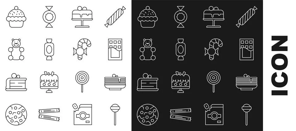 Set line Lollipop, Stack of pancakes, Chocolate bar, Cake on plate, Candy, .. Stockillustratie