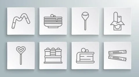Set line Lollipop, Stack of pancakes, Cake, Piece, Sugar stick packets, Cho.. Stock Illustration