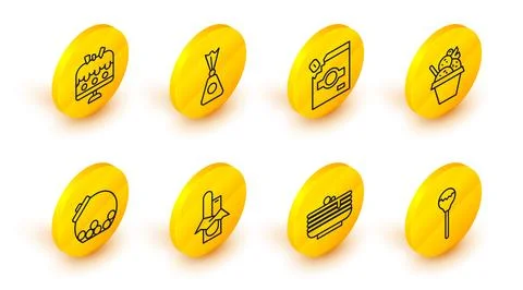 Set line Lollipop, Stack of pancakes, Chocolate bar, Glass jar with candies.. Illustrazione stock