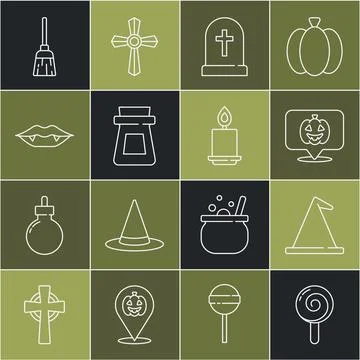 Set line Lollipop, Witch hat, Pumpkin, Tombstone with cross, Bottle potion Stock-Illustration