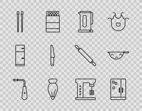 Set line Long electric lighter, Refrigerator, Kettle with handle, Pastry bag for Illustration
