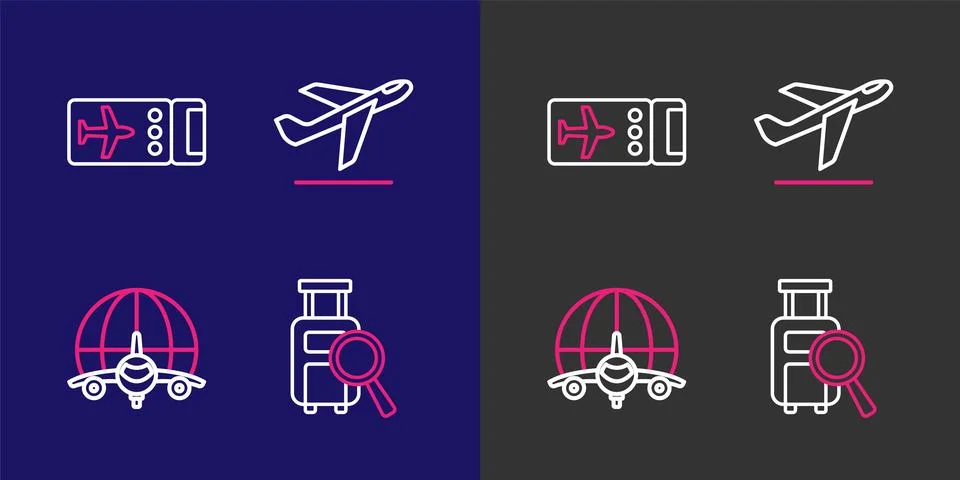 Set line Lost baggage, Globe with flying plane, Plane takeoff and Airline t.. Stock Illustration