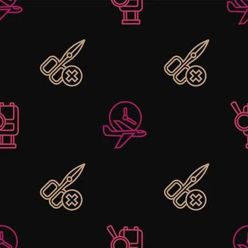 Set line Lost baggage, No scissors and Flight time on seamless pattern. Vector Stock Illustration