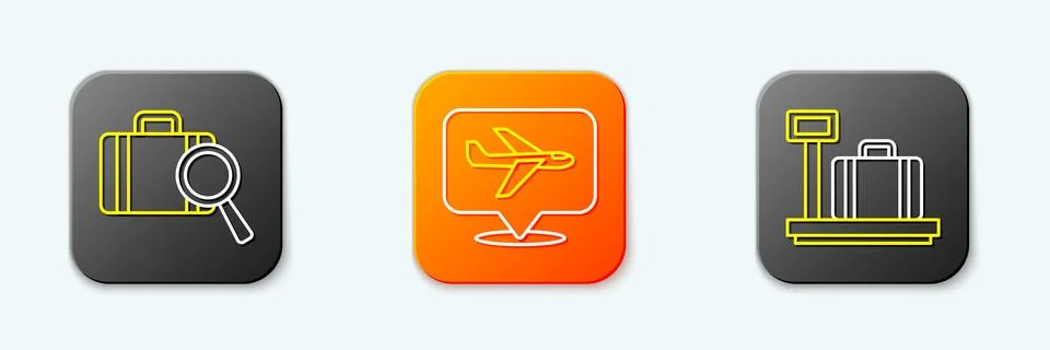 Set line Lost baggage, Plane and Scale with suitcase icon. Vector Stockillustratie