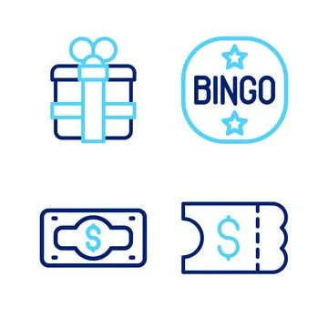 Set line Lottery ticket, Stacks paper money cash, Bingo and Gift box icon. .. 스톡 일러스트